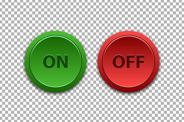 Vector set of realistic isolated on and off push buttons for template decoration on the transparent background.