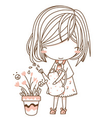 Cute young girl or women holding watering can watering flower plant in pot with smiling emotions.Vector illustration in simple flat style isolated on white background. Character design.