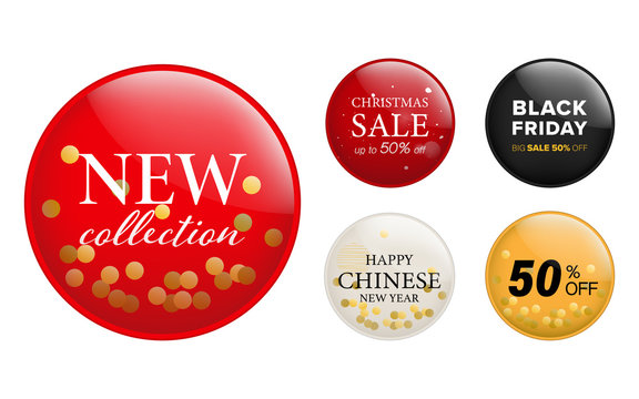New collection label and button pin set. red banner and badges design.