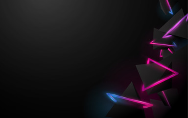 Abstract black 3d pyramids and glowing stripes in dark space background. Vector illustration