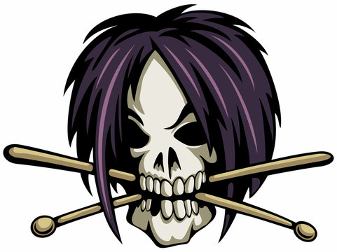 Cartoon style skull with the long hair and drum sticks in his teeth, vector  cartoon image. Stock Vector | Adobe Stock