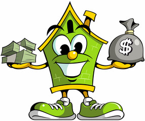 House cartoon mascot logo holding bag of money, house cartoon character with the cash money.