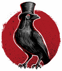 Crow, blackbird with cylinder hat and monocle.