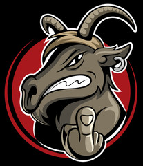 Goat face with middle finger up, stylized vector symbol, vector goat logo.