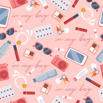 Girly personal items isolated on pastel background : Seamless Pattern : Vector Illustration