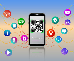 QR code reader mobile app on smartphone touch screen isolated on glossy table with colorful mobile app icons like online shopping cart, padlock, gears, money, location pin, shield and music.