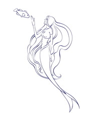 Beautiful mermaid with fish outline. Vector cartoon magic young girl undersea illustration, fantastic creature isolated on white background for coloring book