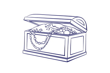 Treasure box for storage of jewelry outline. Decorative casket with gold coins, necklaces. Ñartoon vector illustration isolated on white background for coloring book