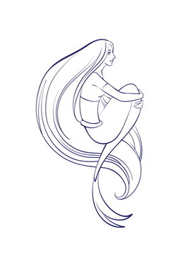 Waiting mermaid with beautiful flowing hair outline. Vector cartoon magic young girl undersea illustration, fantastic creature isolated on white background for coloring book