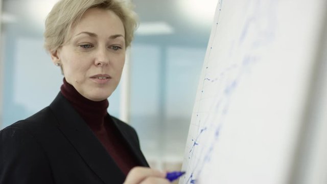 A side view slow motion close up filming of a blonde female executive leaning on a rail and having a look at the content of a contract