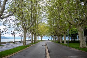 Alphalt street with trees in public park beside the Geneva lake, Lausanne, Switzerland