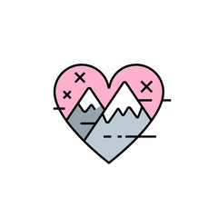 Love nature line icon. Mountain heart shape symbol. Pink outdoor adventure lover sign. Vector illustration.