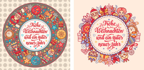 German text Frohe Weihnachten and Neues Jahr. Christmas typography.Christmas in Belgium, Austria, Liechtenstein, Switzerland.Happy Christmas in Deutschland.Xmas greeting card Weihnachtskarte.Neujahr 