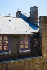 The medieval abbey of Mont Saint-Michel. Details of the temples inside the city on the island. Normandy. France