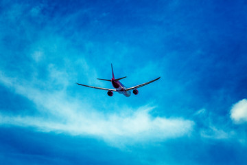 Fototapeta na wymiar Passenger airplane in the cloudy bright blue sky. Sense of freedom. Going away.