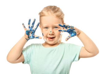 Funny little girl with hands and face in paint on white background