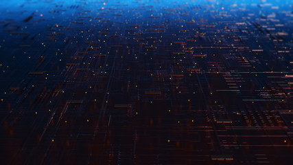 Printed circuit board futuristic server/Circuit board futuristic server code processing. Orange,  green, blue technology background with bokeh.