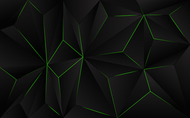 Abstract futuristic background black polygon vector design with green light line. Dark triangle composition technology modern concept for use element cover, banner, poster, web, brochure, flyer