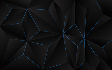 Abstract futuristic background black polygon vector design with blue light line. Dark triangle composition technology modern concept for use element cover, banner, poster, web, brochure, flyer