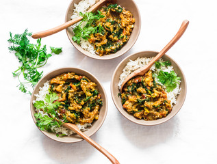 Burnt aubergine spinach vegetarian curry with rice on a light background, top view. Indian cuisine