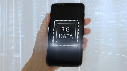 Woman Hand holding mobile phone. Server room background. Inscription on a virtual screen: Big Data. Double exposure.