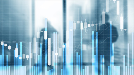 Silhouettes of Business People. Stock Market Graph and Bar Candlestick Chart.