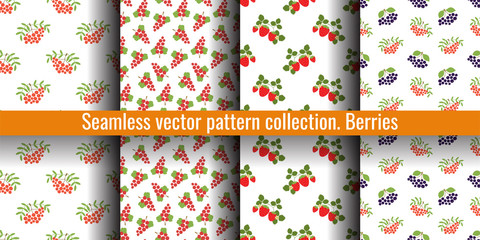 Mountain ash, rowan, viburnum, black chokeberry, strawberry and red currant. Seamless pattern set. Vector berries. Natural fashion design print collection.  Textile or clothes. Healthy food