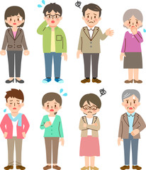 困った様子の様々な年代の成人男女