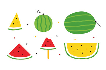 Set, collection of cartoon style whole watermelons and watermelon slices in different sizes and shapes for summer and vegan food design.