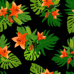 Orange lilies bouquet with dark background seamless pattern vector illustration