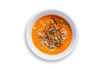 Red curry pork in  White cup on white bacground, Thai Name is PANANG.