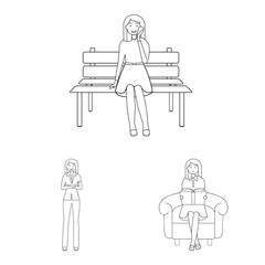 Vector design of posture and mood logo. Set of posture and female vector icon for stock.