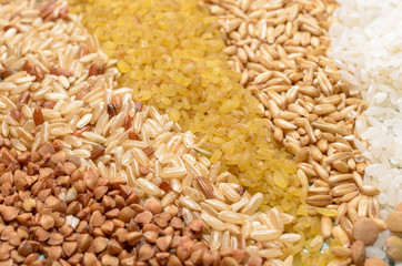 stripes of various seeds and grains arranged on the table, healthy diet concept