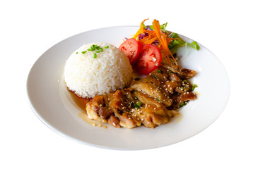 chicken teriyaki with rice on white dish ,isolate background,Clipping path.