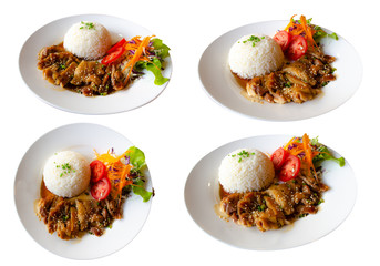 chicken teriyaki with rice on white dish ,isolate background,Clipping path.