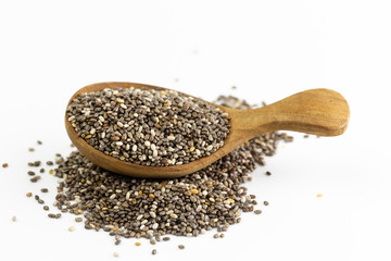 chia seeds in wooden spoon Isolated on white background