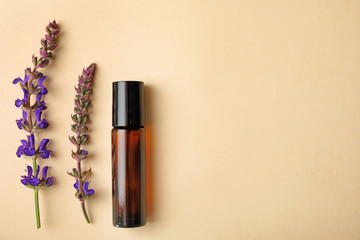 Bottle of essential oil and sage flowers on color background, flat lay. Space for text