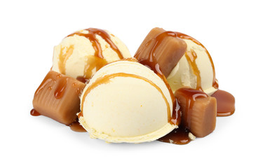 Delicious ice cream with caramel and sauce on white background