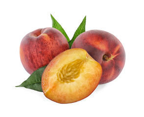 Sweet juicy peaches with leaves on white background