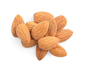 Organic dried apricot kernels on white background, top view