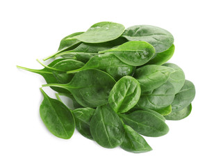 Pile of fresh green healthy baby spinach leaves on white background, top view