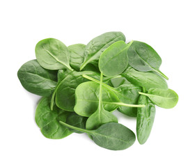 Fototapeta premium Pile of fresh green healthy baby spinach leaves on white background, top view