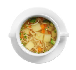Dish of fresh homemade vegetable soup on white background, top view