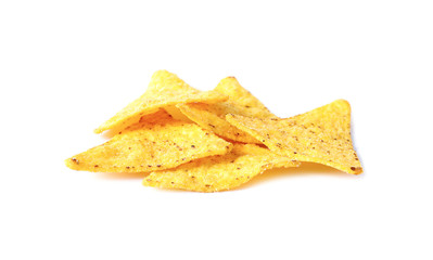 Fototapeta premium Pile of tasty Mexican nachos chips on white background
