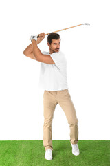 Young man playing golf on white background
