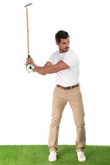 Young man playing golf on white background