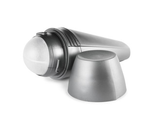 Open plastic deodorant container on white background