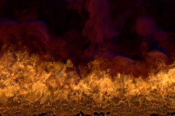 Flame from the bottom corners - fire 3D illustration of mystic melting lava, sylized frame with dense smoke isolated on black