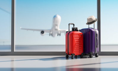 Suitcases in airport. Travel concept. 3d rendering - obrazy, fototapety, plakaty