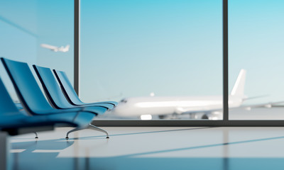 Airport lounge with airplane blurred background. 3d rendering